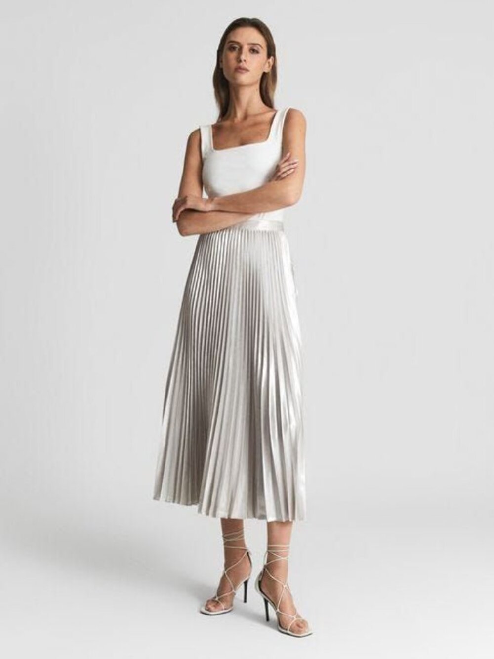 Metallic Accordion Pleated Midi Skirt sz M - Silver